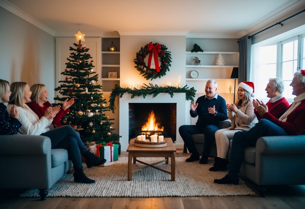 A hyggelig stue med en knitrende ild et dekoreret juletræ og folk samlet omkring der synger traditionelle danske julesange